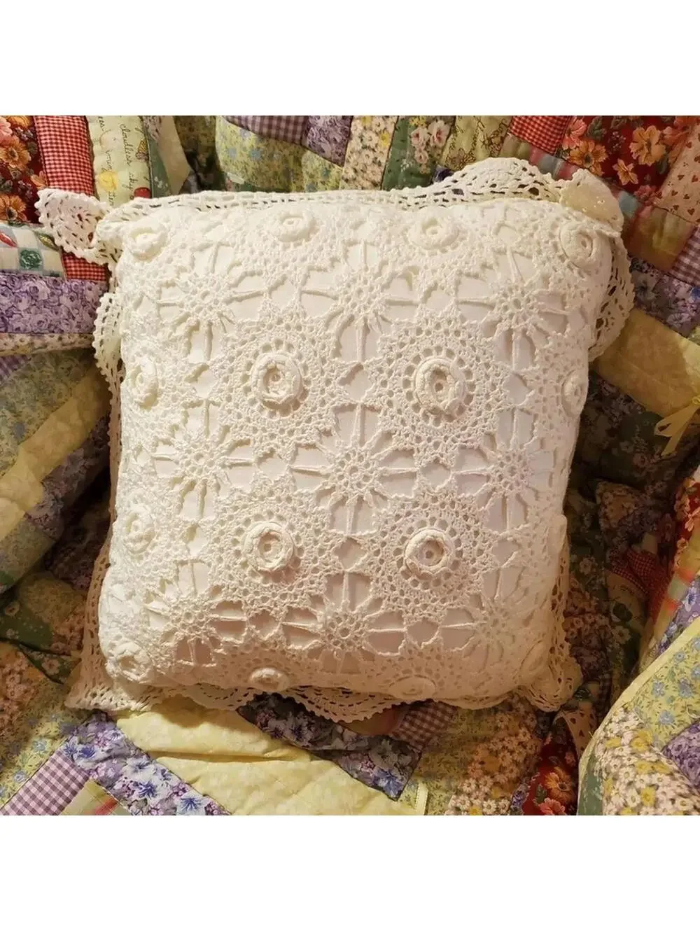 Beautiful Handmade White Crocheted Pillow